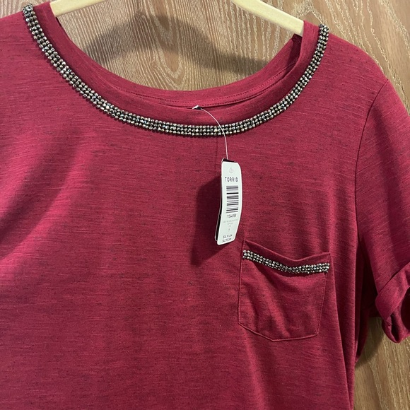 NWT, Torrid Beet Red Short-sleeved tee with embellished collar and front pocket - Picture 2 of 7